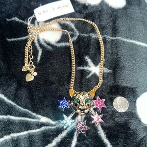 BNWT Betsey Johnson Leopard cat necklace with multi colored stones